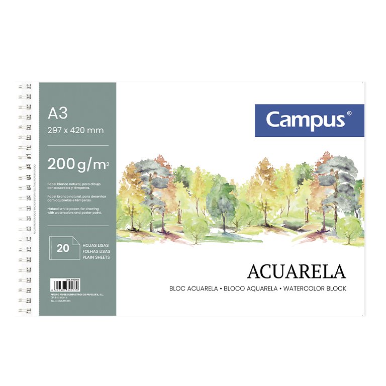 Bloc de Dibujo Campus Acuarela A3 Espiral Microperforado 20 Hojas 200g Liso