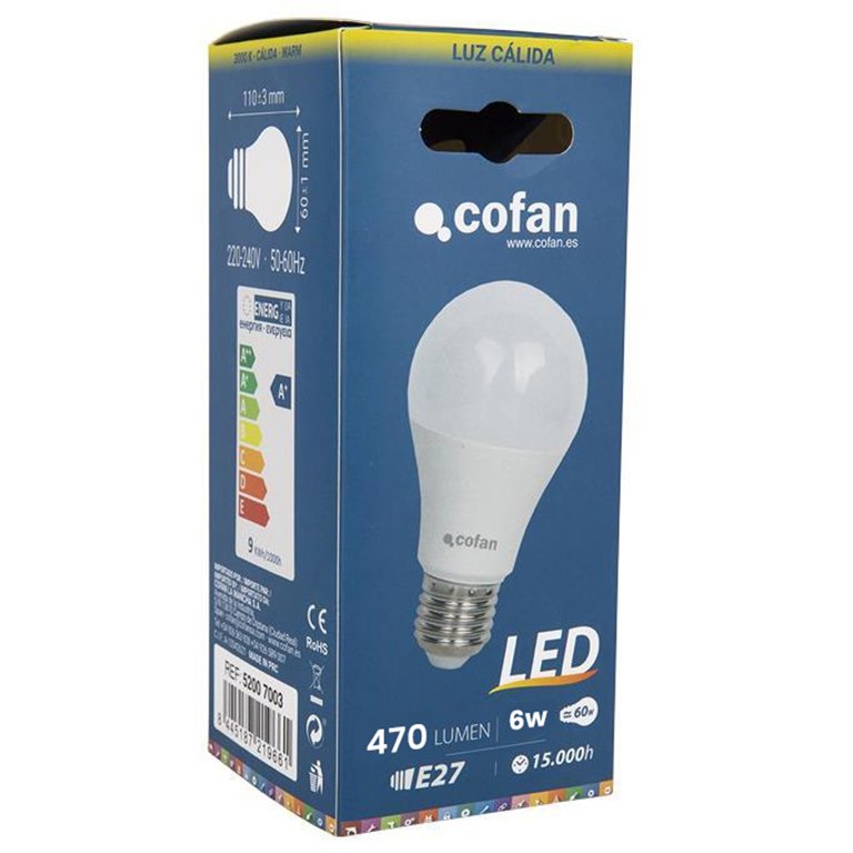 Bombilla Led Cofan Clasic E27 6W 470 Lum Cálida