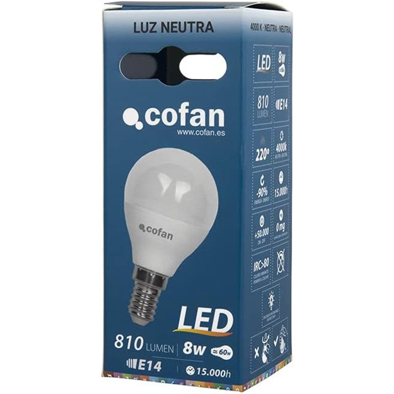 Bombilla Led Cofan Esférica E14 8W 810 Lum Neutra