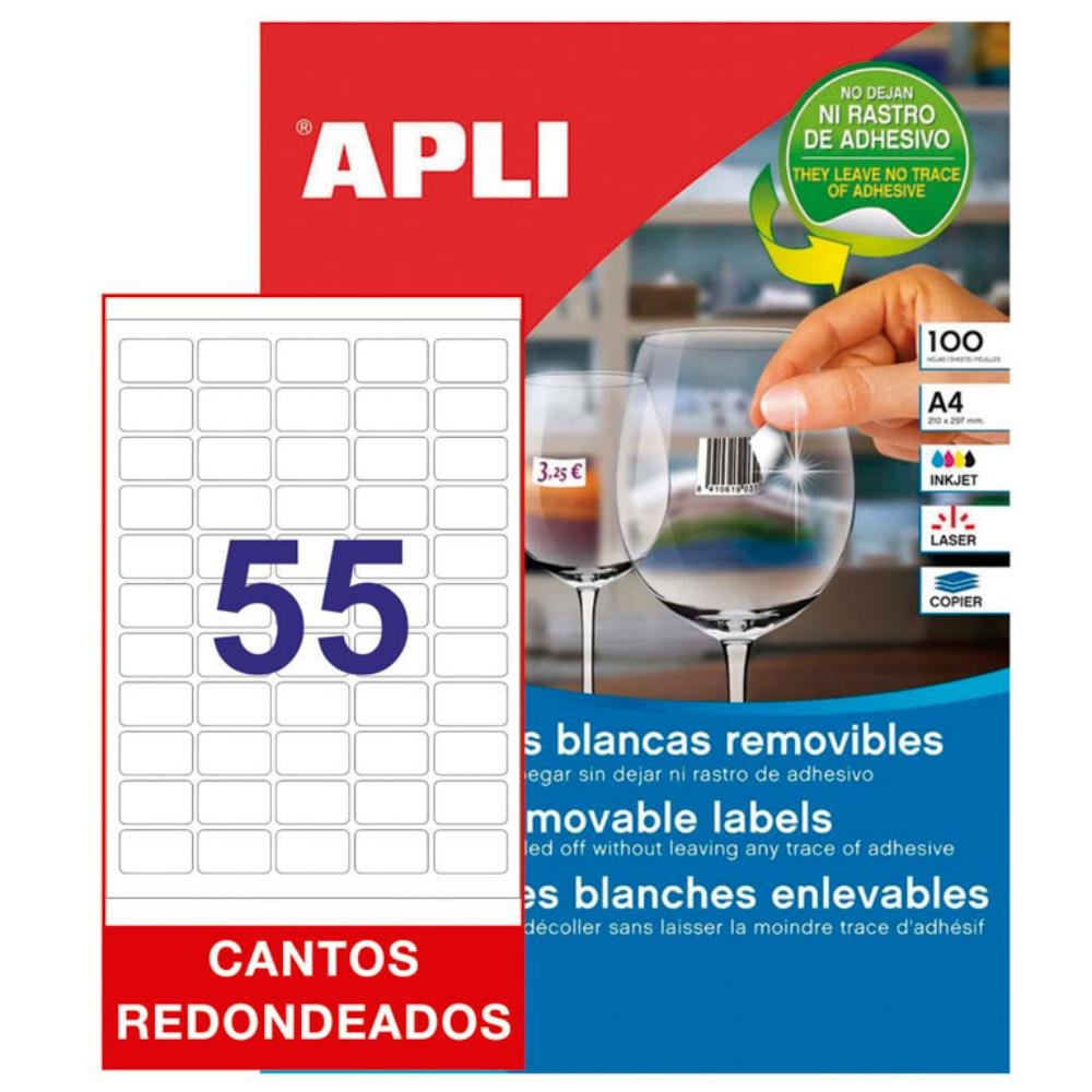 Etiquetas Removibles Apli A4 36,8 x 23,8 mm Cantos Redondeados 55 x Hoja Caja 100 Hojas