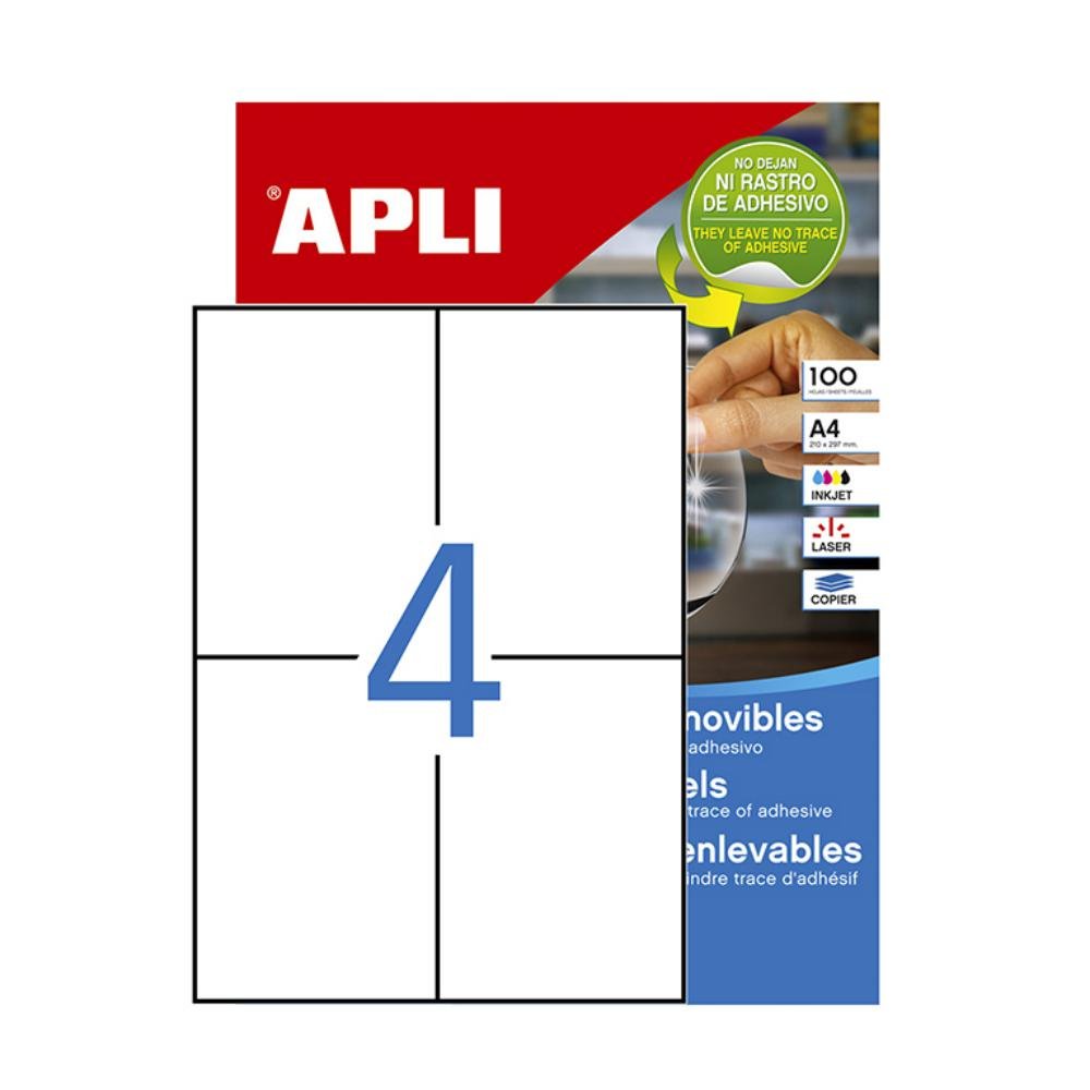 Etiquetas Removibles Apli A4 105 x 148 mm Cantos Rectos 4 x hoja Caja 100 Hojas