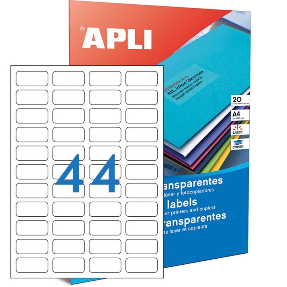 Etiquetas Traslúcidas Apli A4 48,5 x 25,4 mm 44 x hoja Caja 20 Hojas
