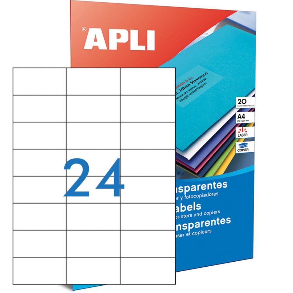 Etiquetas Traslúcidas Apli A4 70 x 37 mm 24 x hoja 20 Hojas