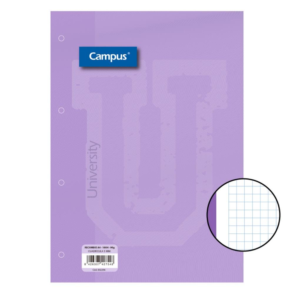 Recambio Campus A4 100 Hojas 90g Cuadrícula 5 mm Banda Violeta