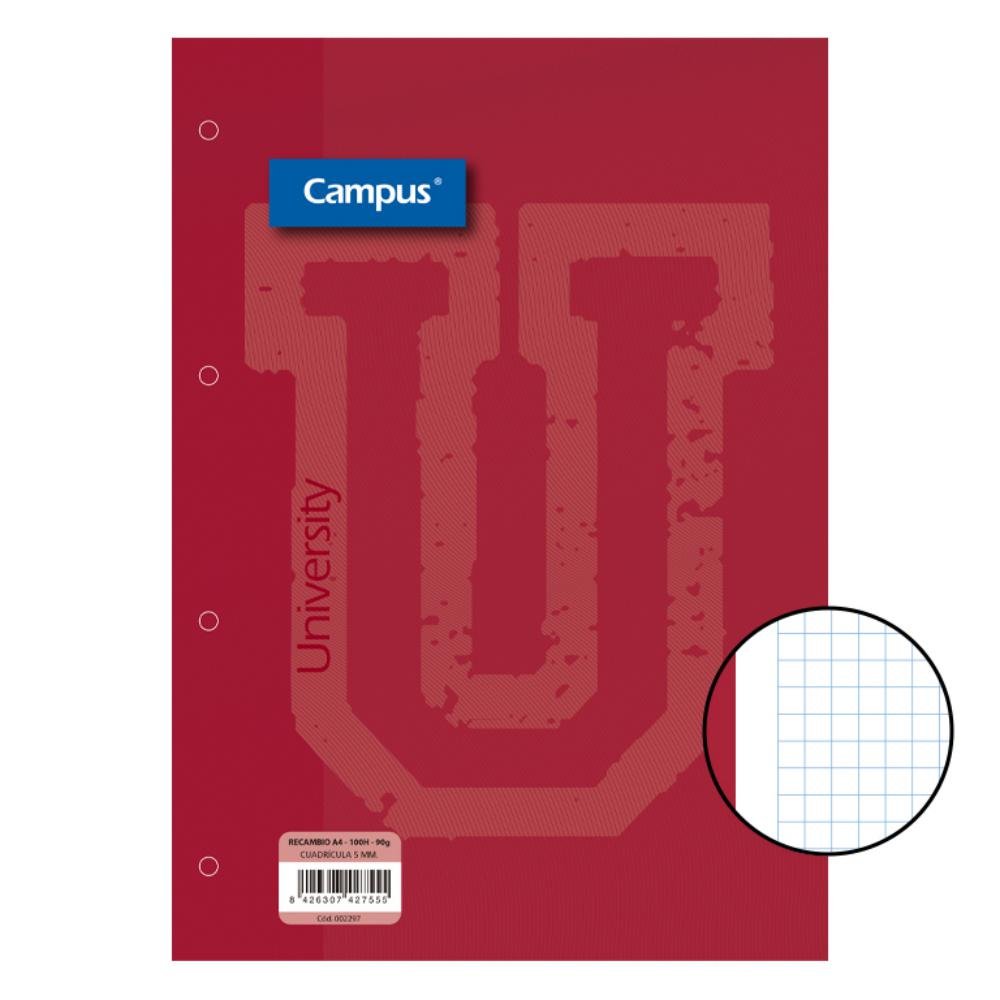 Recambio Campus A4 100 Hojas 90g Cuadrícula 5 mm Banda Roja
