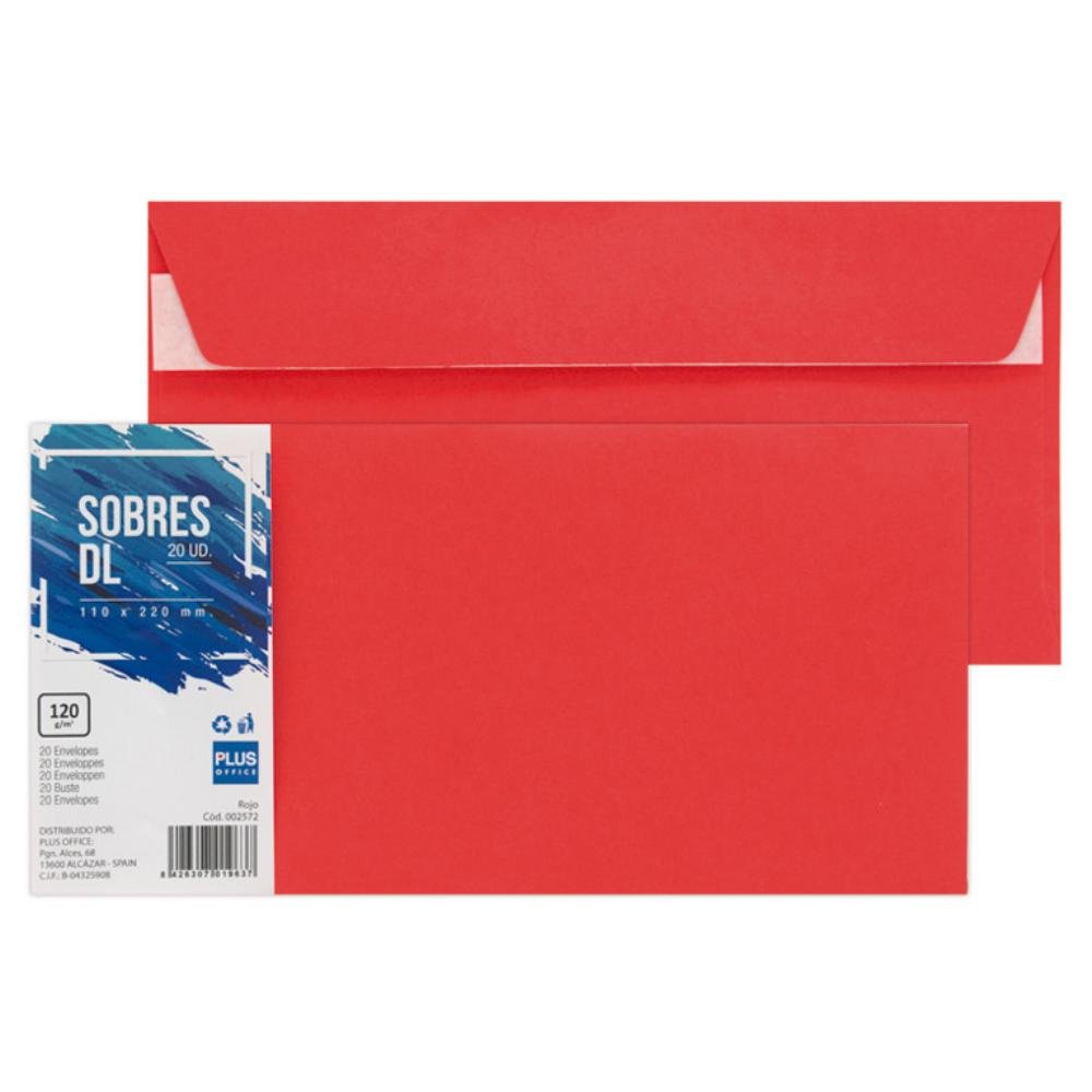 Sobre DL Plus Office 110 x 220 mm 120g Rojo 20 ud.