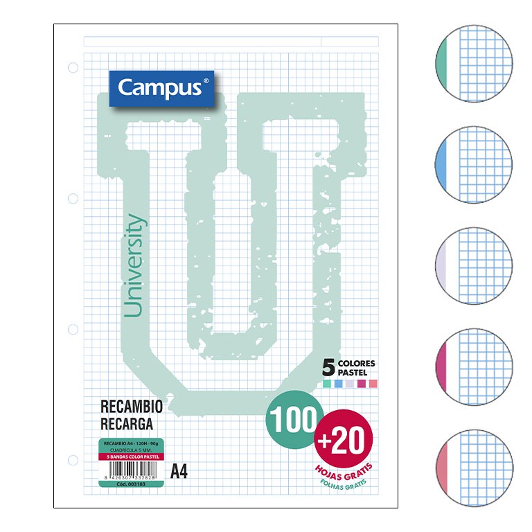Recambio Campus A4 100 + 20 Hojas 90g Cuadrícula 5 mm Bandas Colores Pastel