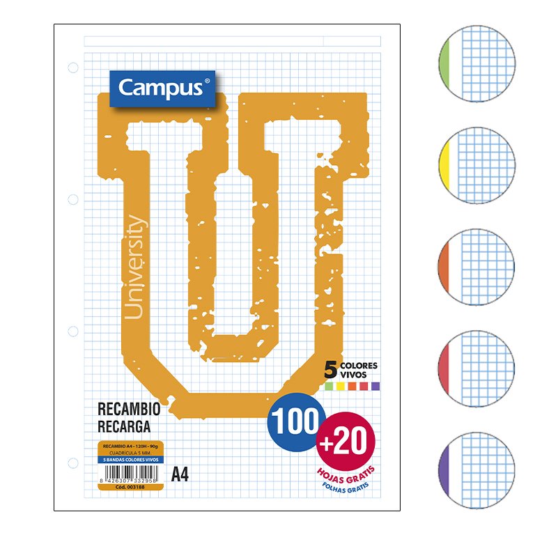 Recambio Campus A4 100 + 20 Hojas 90g Cuadrícula 5 mm Bandas Colores Vivos