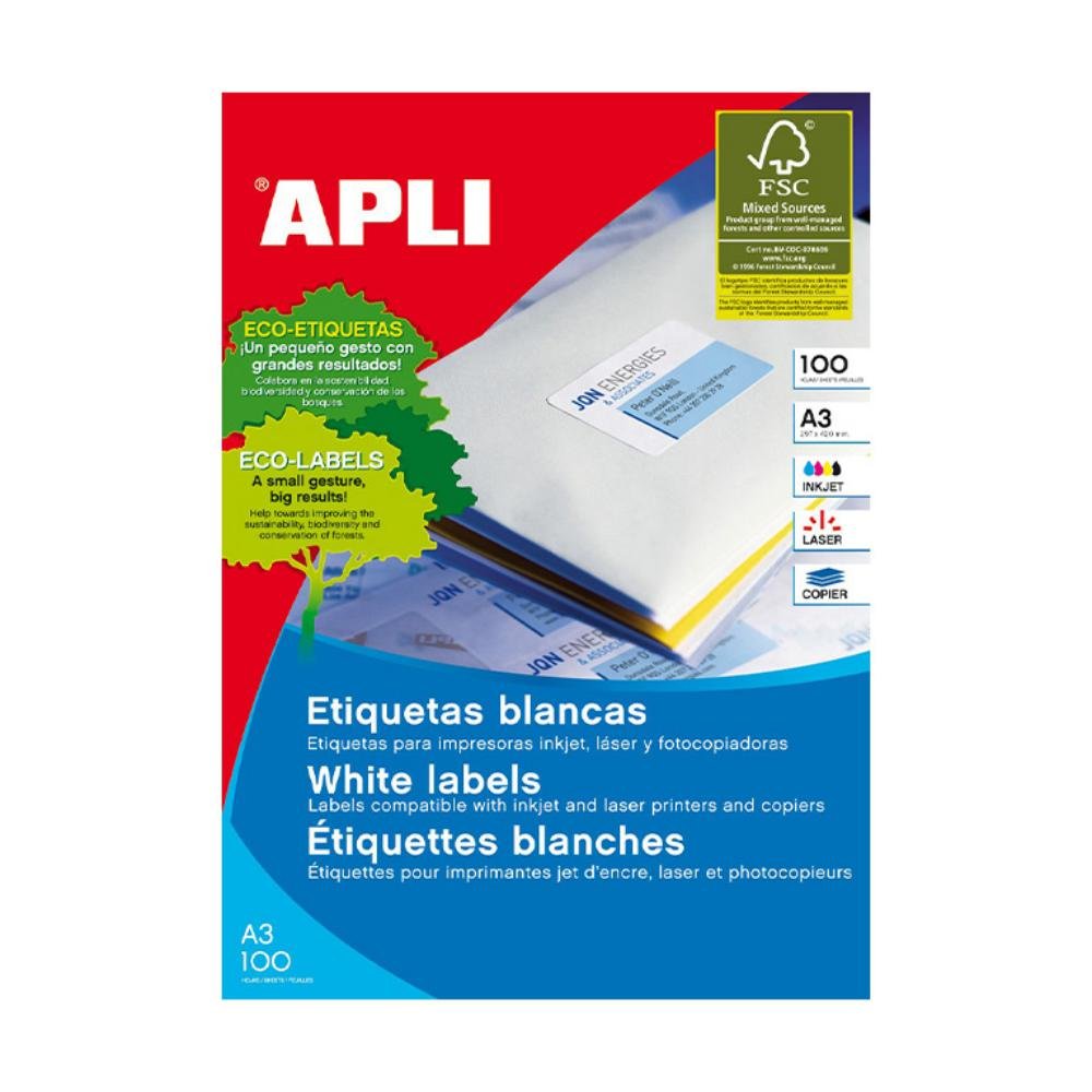 Etiquetas Autoadhesivas Apli 297 x 420 mm Cantos Rectos 1 x hoja Caja 100 Hojas