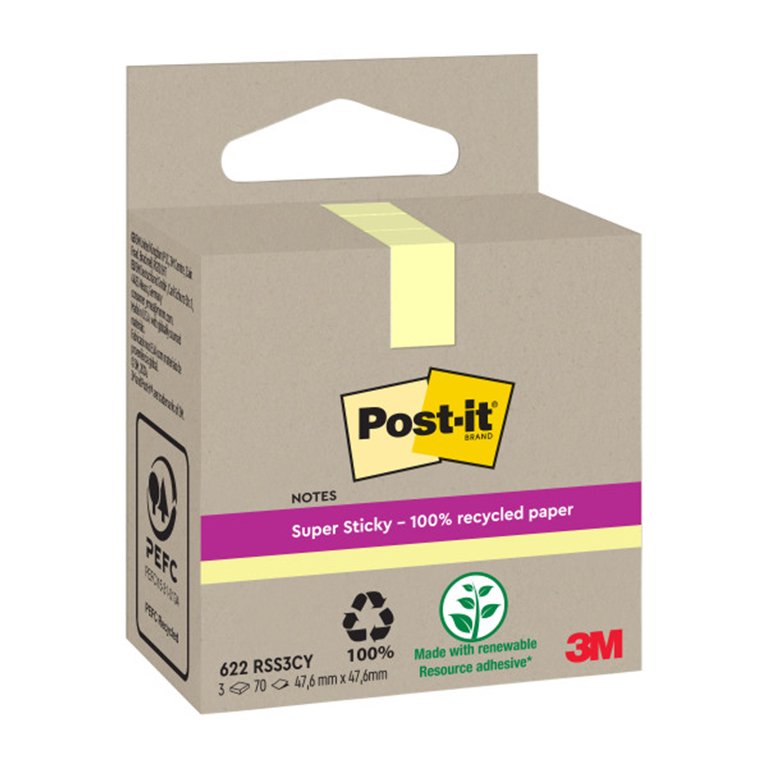 Bloc Notas Adhesivas Post-It Super Sticky Recicladas 47,6 x 47,6 mm Amarillas 70 Hojas