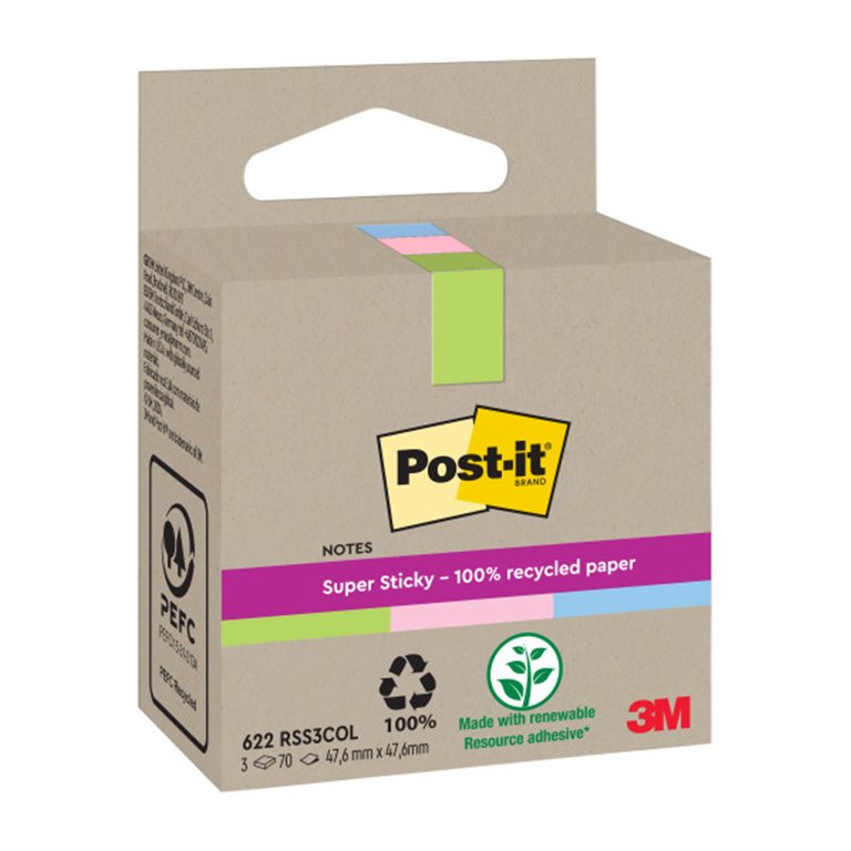 Bloc Notas Adhesivas Post-It Super Sticky Recicladas 47,6 x 47,6 mm Surtido 70 Hojas