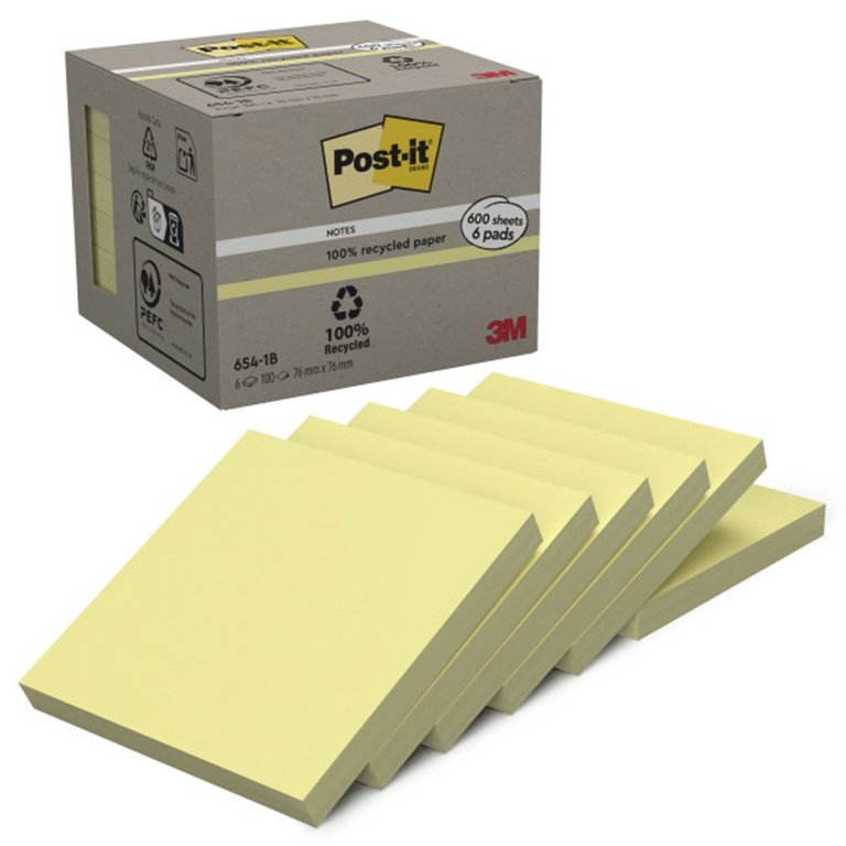 Bloc Notas Adhesivas Post-It Recicladas 76 x 76 mm Amarillas 100 Hojas