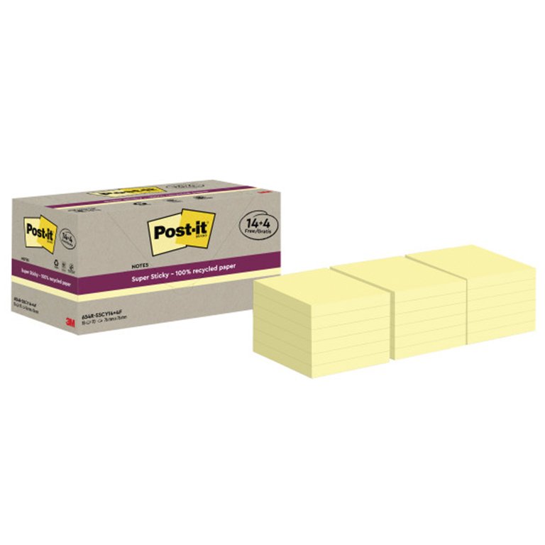 Bloc Notas Adhesivas Post-It Super Sticky Recicladas 76 x 76 mm Amarillas 100 Hojas