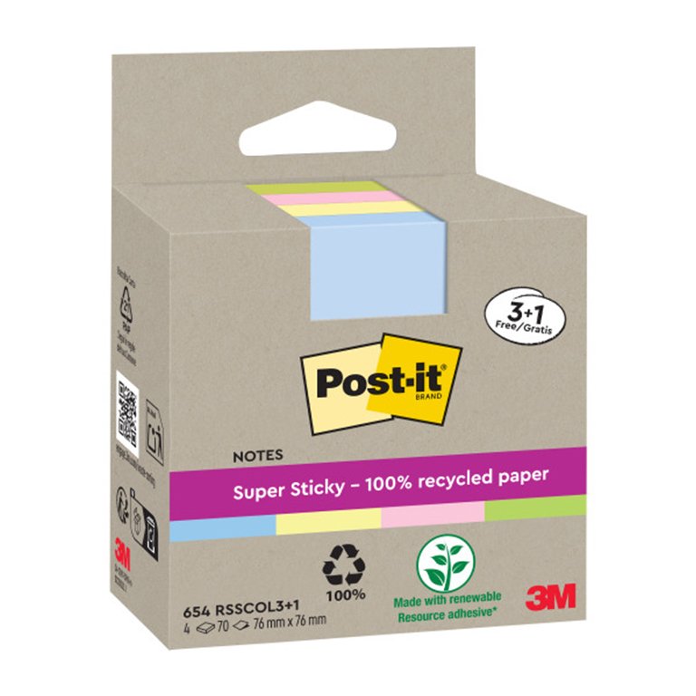 Bloc Notas Adhesivas Post-It Super Sticky Recicladas 76 x 76 mm Surtido 70 Hojas