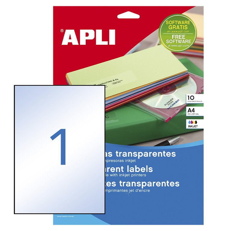 Etiquetas Transparentes Apli Permanentes 210 x 297 mm 1 x Hoja Pack 10 hojas