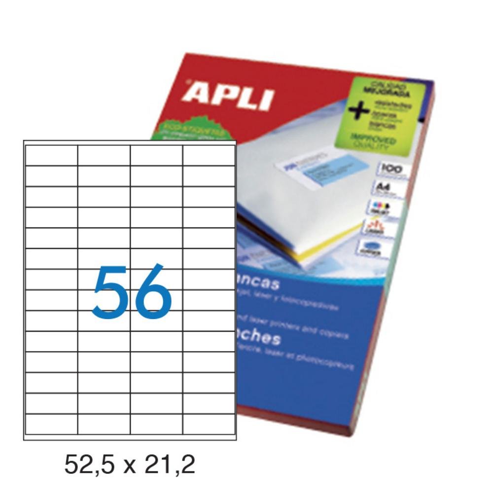 Etiquetas Autoadhesivas Apli 52,5 x 21,2 mm Cantos Rectos 56 x hoja Caja 100 Hojas