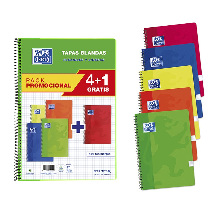 Bloc Espiral Oxford Folio Tapa Básica 80 Hojas Cuadrícula 4 mm Pack 4+1