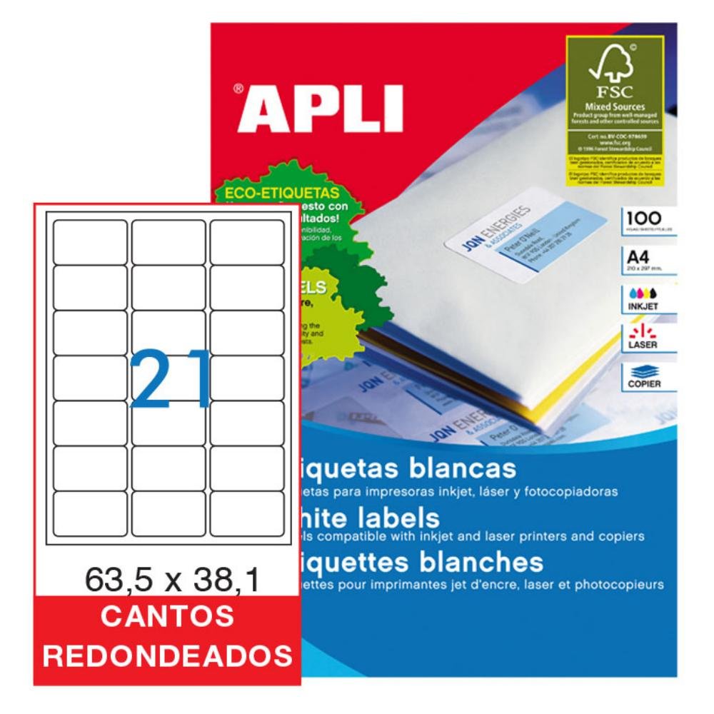 Etiquetas Autoadhesivas Apli A4 63,5 x 38,1 mm Cantos Redondeados 21 x hoja Caja 100 Hojas