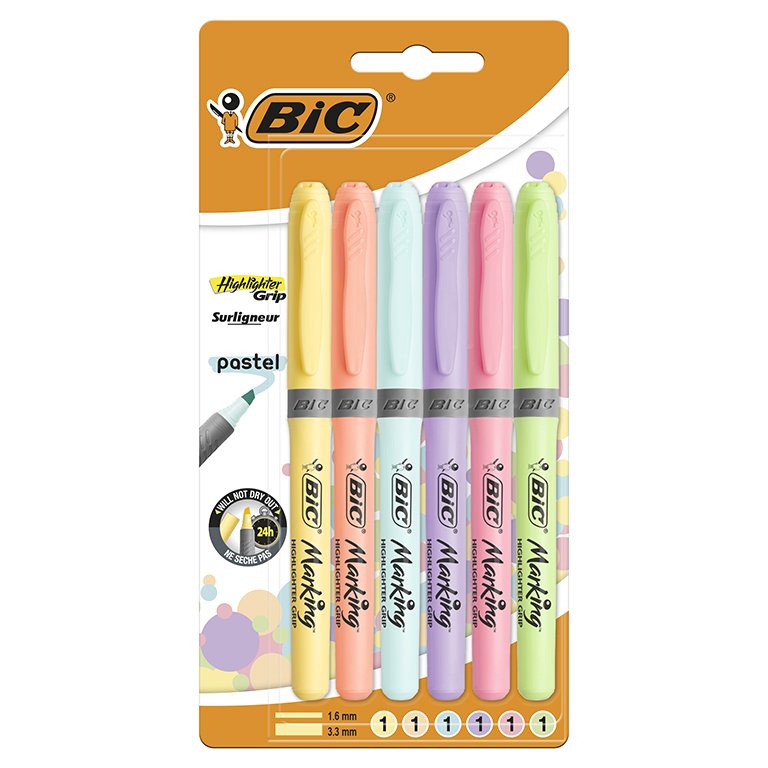 Rotulador Fluorescente Bic Highlighter Grip Pastel 6 ud.