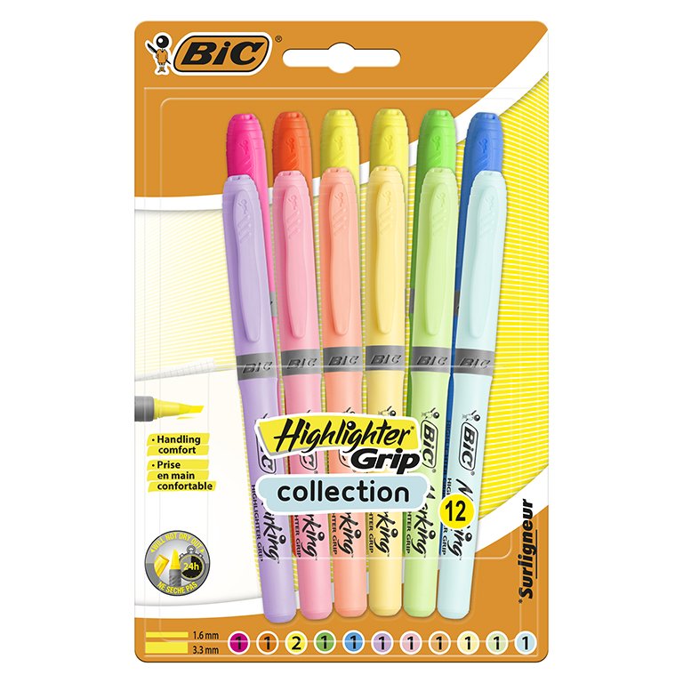 Rotulador Fluorescente Bic Highlighter Grip Neón + Pastel 12 ud.