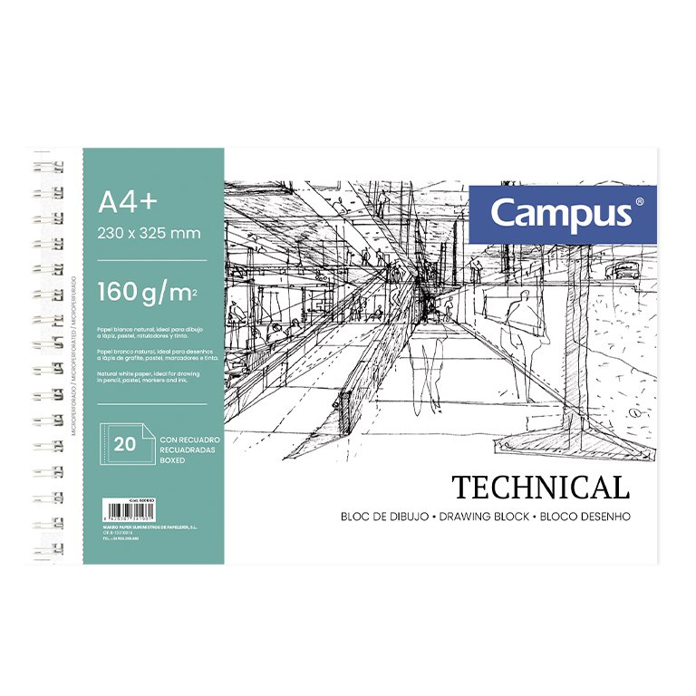 Bloc de Dibujo Campus Drawing A4+ Espiral Microperforado 20 Hojas 160g con Recuadro